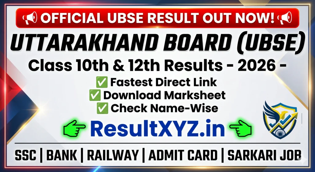 Uttarakhand Board UBSE Class 10th and 12th Result 2026 announcement banner for ResultXYZ.in with direct download links.