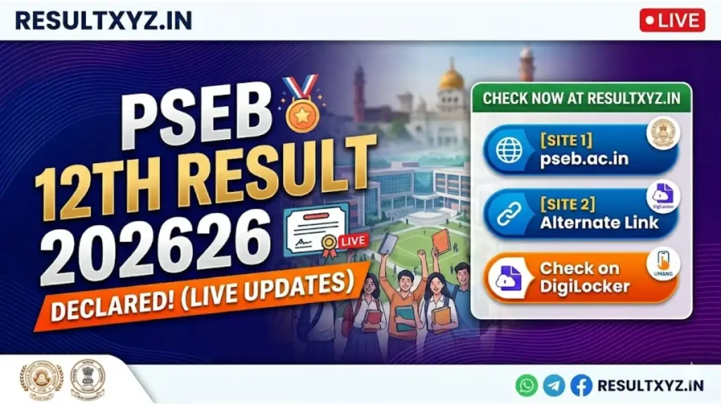 PSEB 12th Result 2026 Declaration Live Update Banner at ResultXYZ.in.