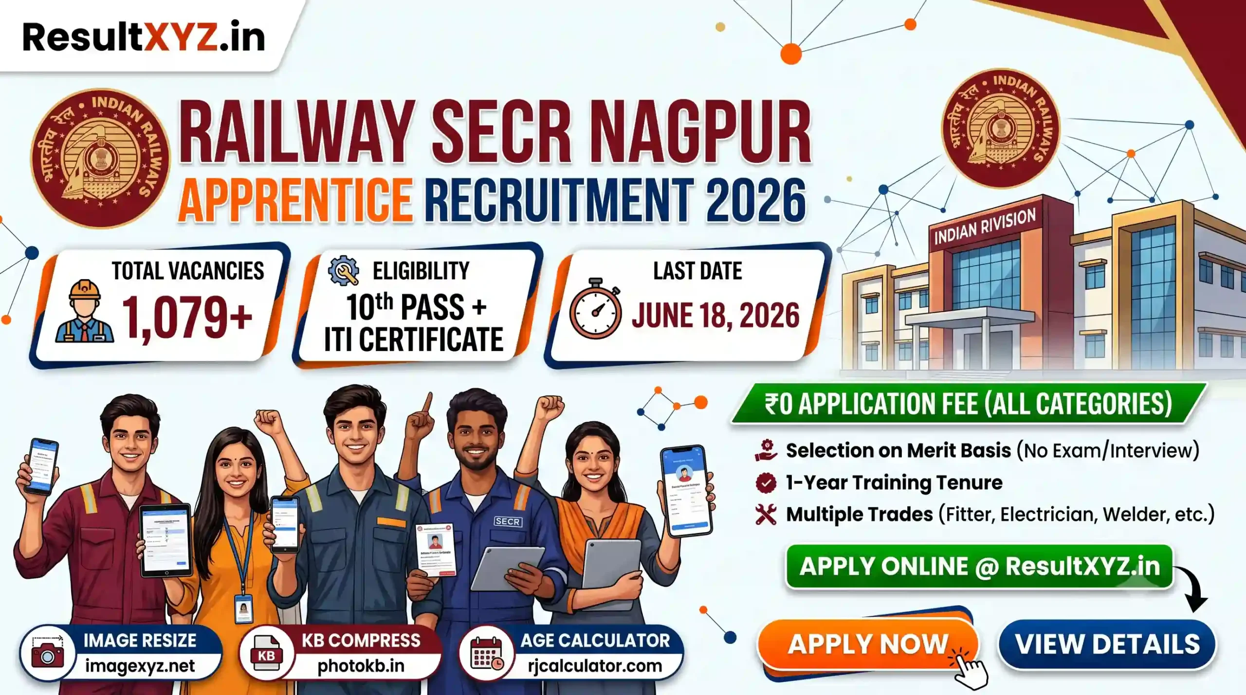 RRC SECR Nagpur Apprentice Recruitment 2026 (1,079 Posts) Apply Online Form banner mage